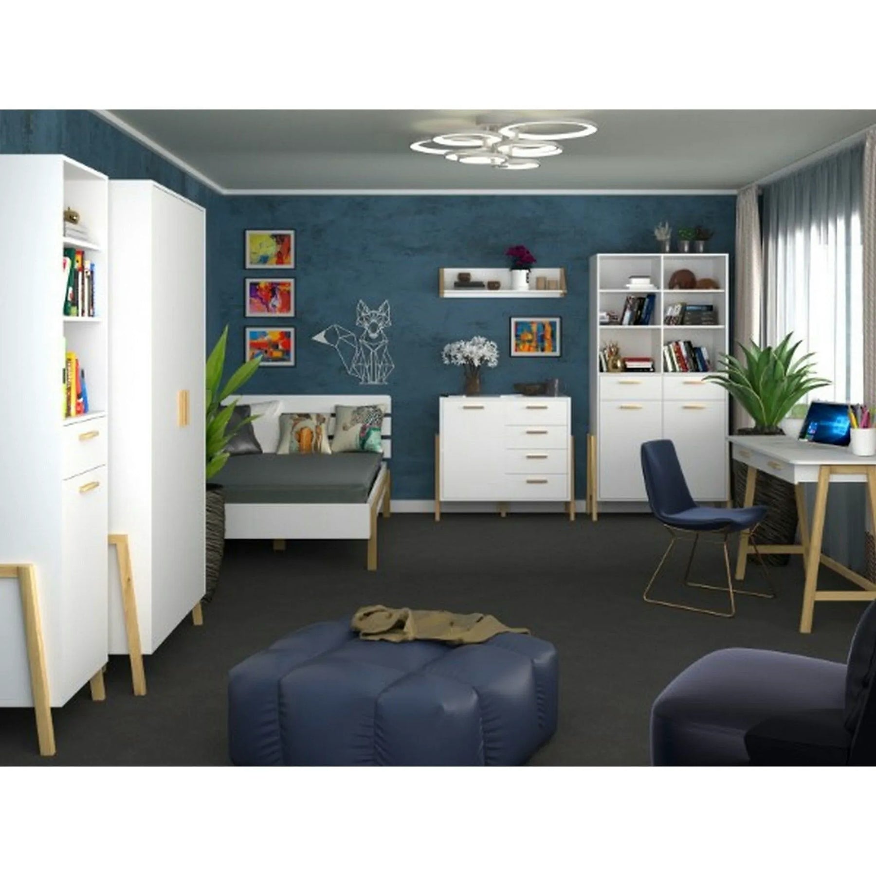 Birou BELLE, PAL laminat/lemn, alb/stejar, 120×55,1×80 cm