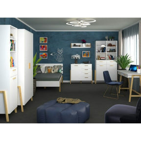 Birou BELLE, PAL laminat/lemn, alb/stejar, 120×55,1×80 cm