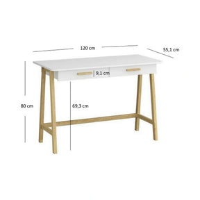 Birou BELLE, PAL laminat/lemn, alb/stejar, 120×55,1×80 cm