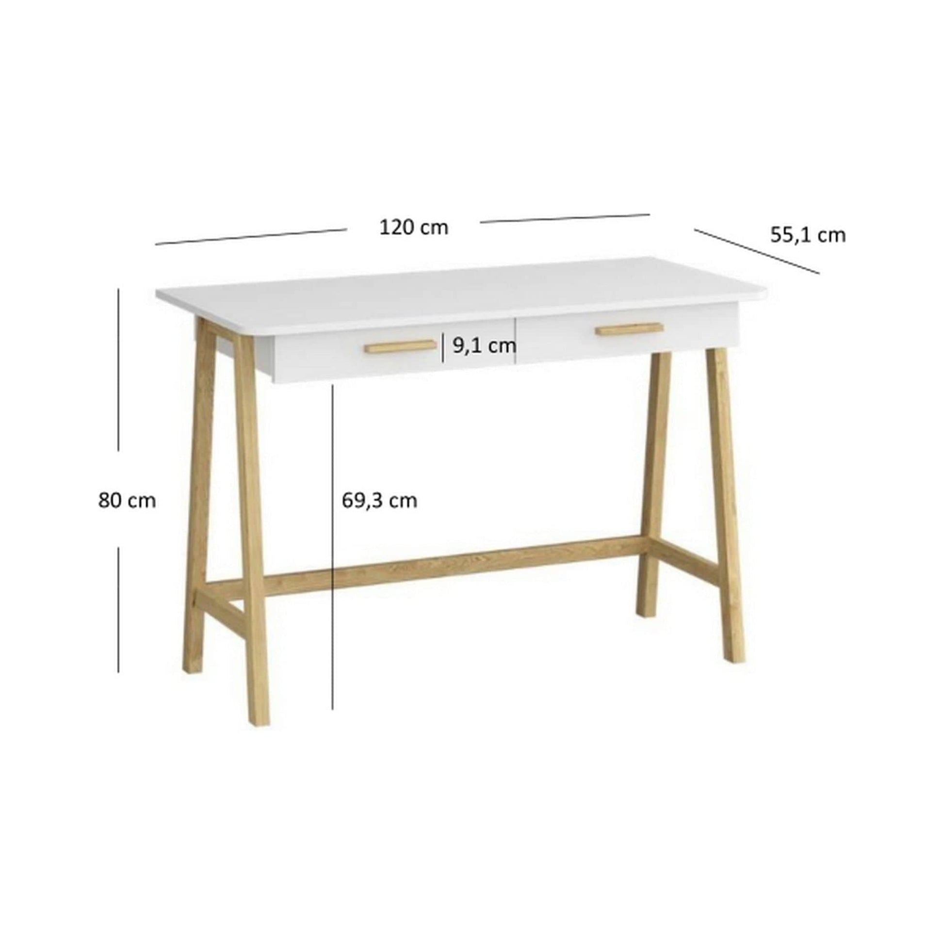 Birou BELLE, stejar/alb, PAL laminat, 120x55x80 cm