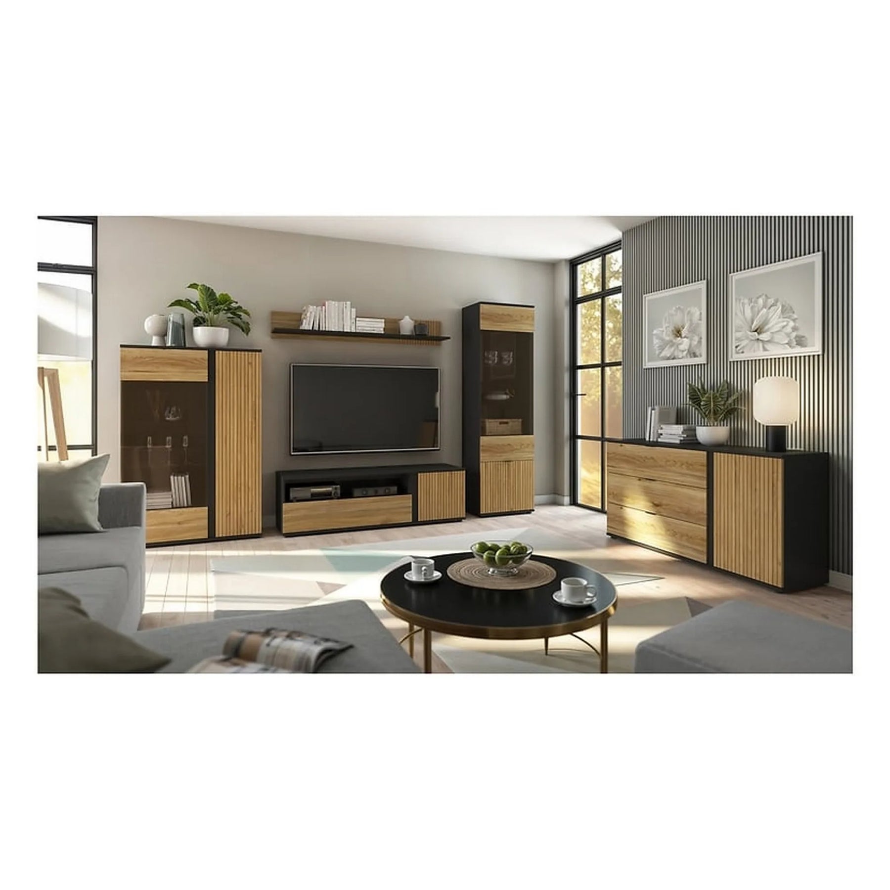 Comoda LUEN, stejar/negru, PAL laminat, 144x40x77 cm