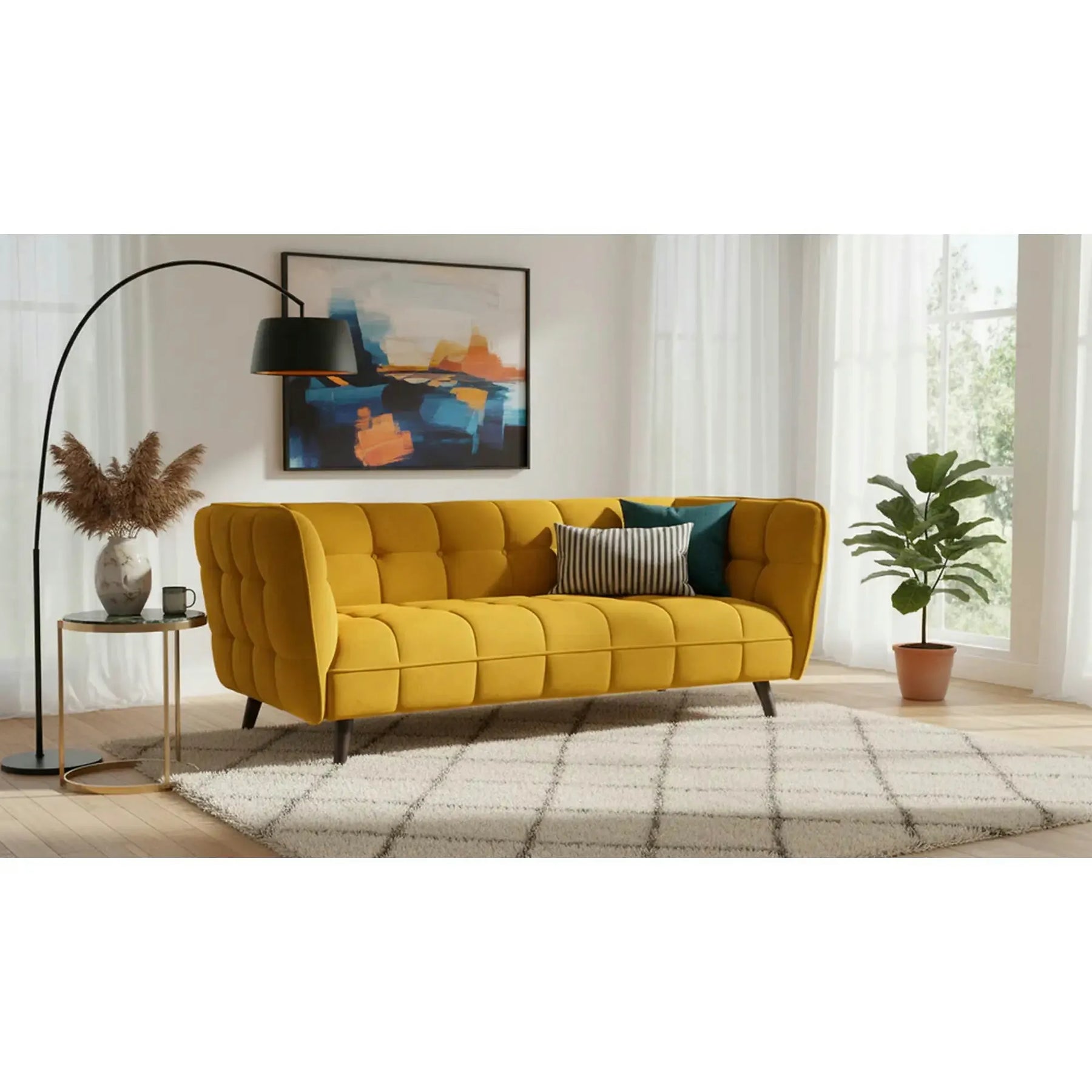Canapea CASTELLO 3, stofă catifelata/lemn/PAL, galben - Bluvel 68/wenge, 200×85×78 cm