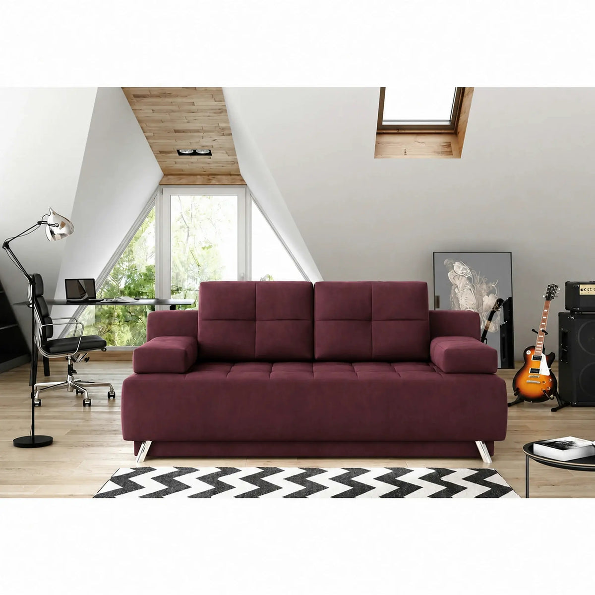 Canapea dubla extensibila OSLO, stofa catifelata visiniu - Monolith 69, cu lada depozitare, 197x94x90 cm