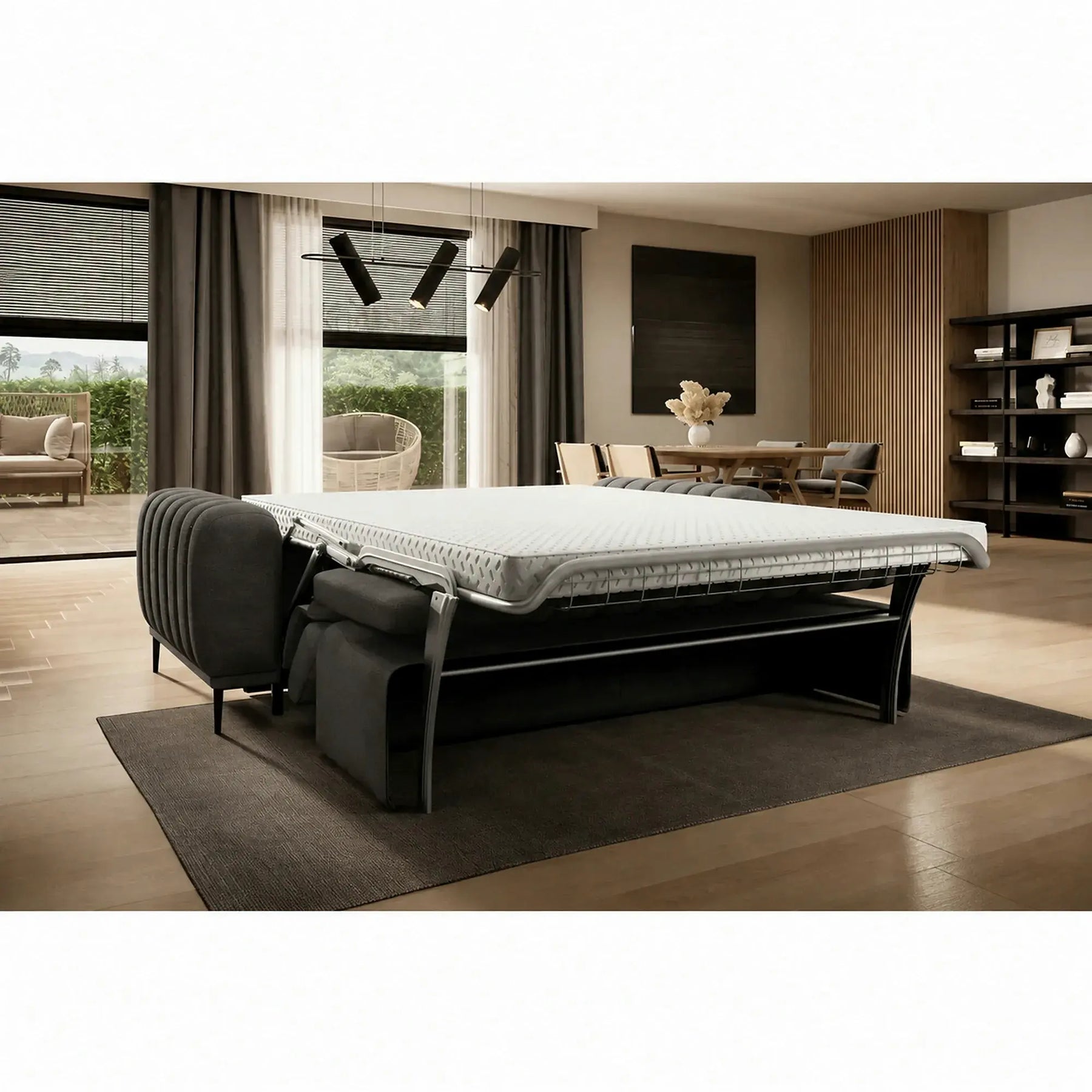 Canapea extensibila GANDI 140, stofă catifelata/lemn/PAL, gri închis - Riviera 97, 207×102×95 cm