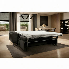 Canapea extensibila GANDI 140, stofă catifelata/lemn/PAL, gri închis - Riviera 97, 207×102×95 cm