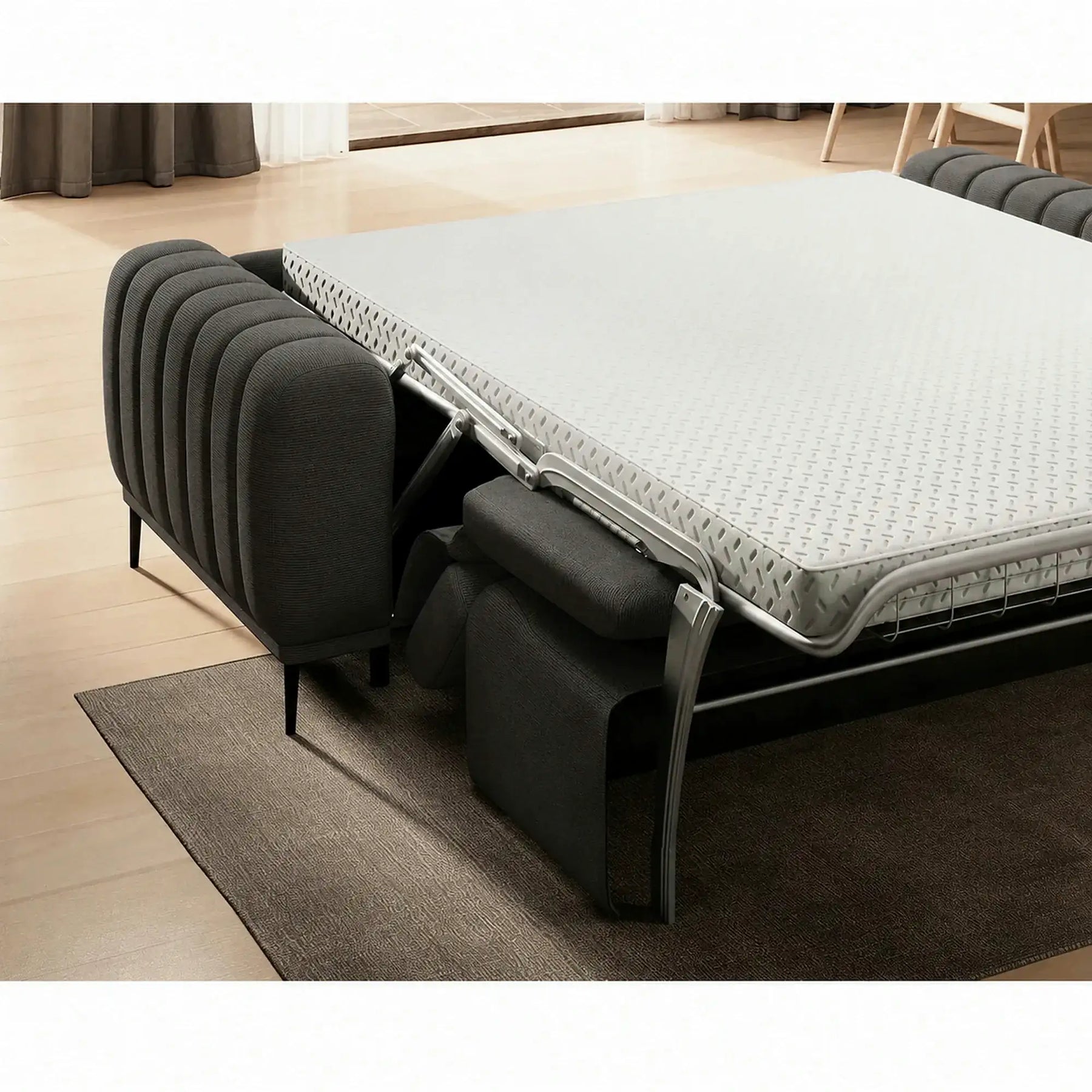 Canapea extensibila GANDI 140, stofă catifelata/lemn/PAL, gri închis - Riviera 97, 207×102×95 cm