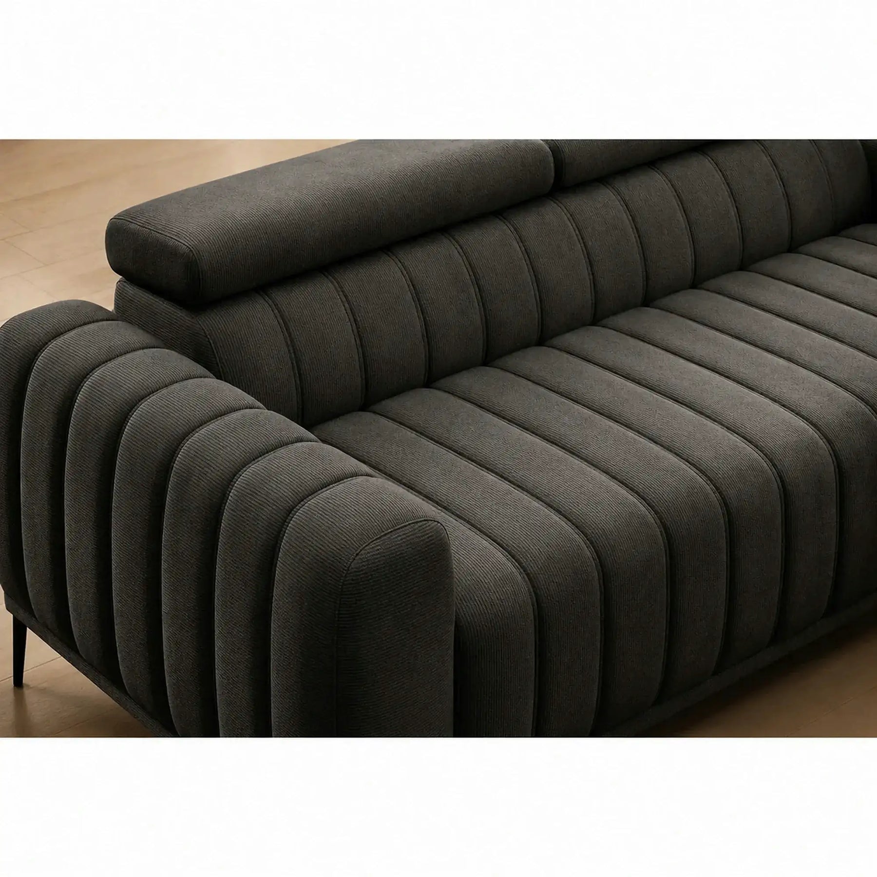 Canapea extensibila GANDI 140, stofă catifelata/lemn/PAL, gri închis - Riviera 97, 207×102×95 cm