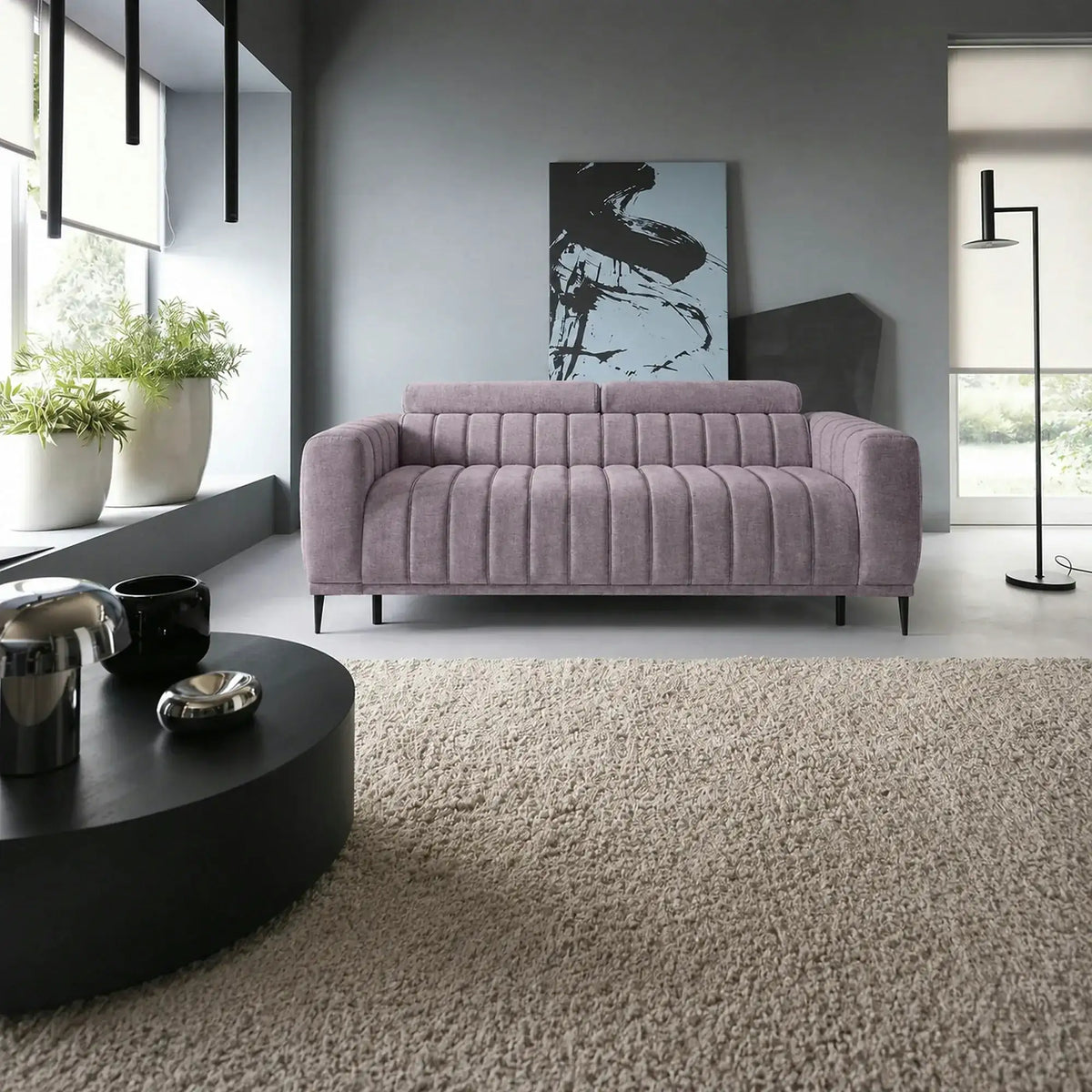Canapea extensibila GANDI 160, stofa catifelata mov lila - Monolith 62, cu tetiere reglabile, 227x102x95 cm
