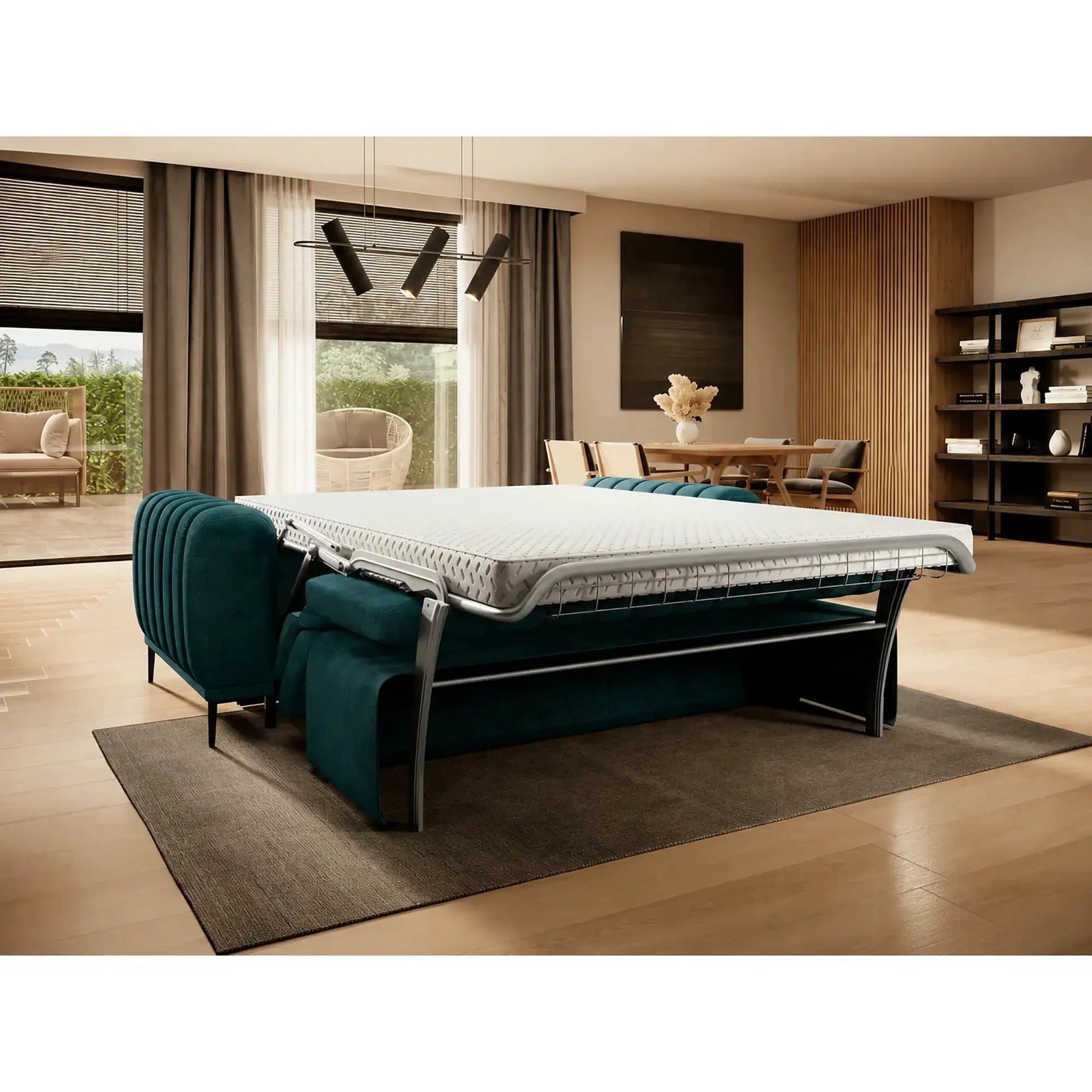 Canapea extensibila GANDI 160, stofă clasică/lemn/PAL, turcoaz - Austin 14, 227×102×95 cm