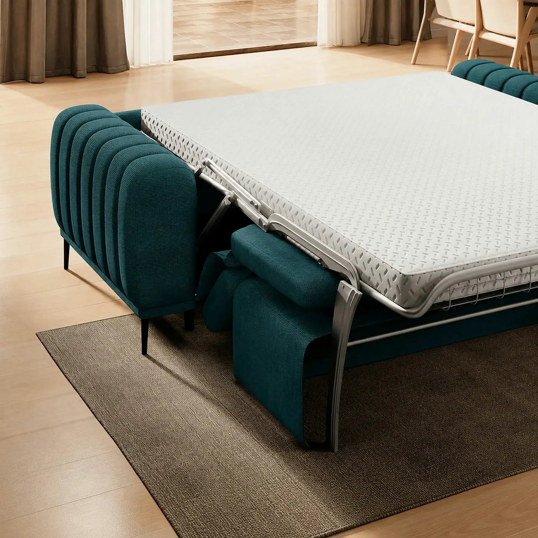 Canapea extensibila GANDI 160, stofă clasică/lemn/PAL, turcoaz - Austin 14, 227×102×95 cm