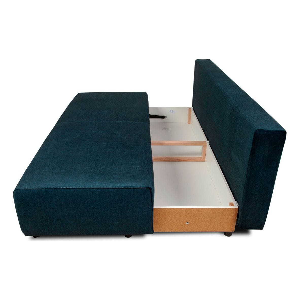 Canapea extensibila Nola, stofa catifelata albastru - Monolith 77, cu lada depozitare, 200x100x90 cm