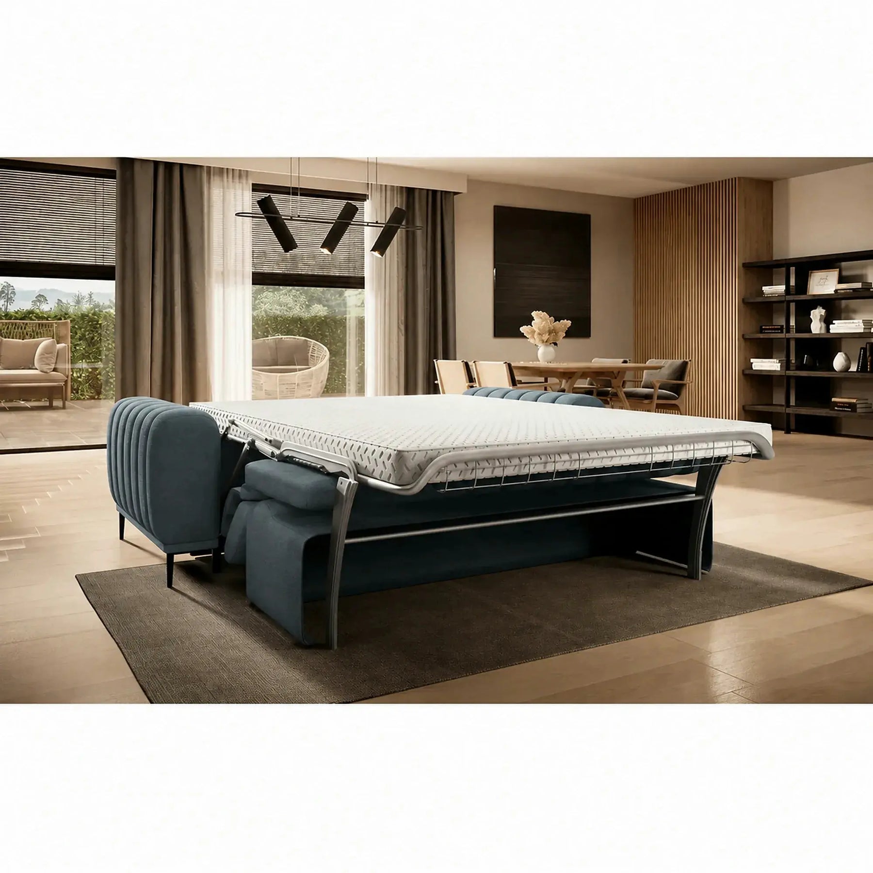 Canapea extensibila pat dublu GANDI 160, stofă catifelata, turcoaz închis - Riviera 87/negru, 227×102×95 cm