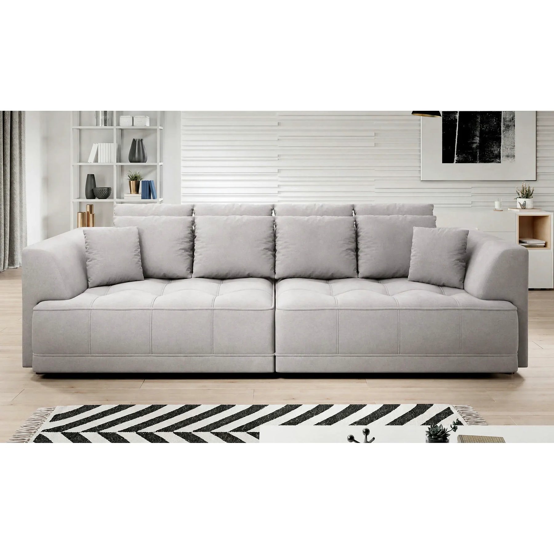 Canapea moderna pentru living TIGA, stofa catifelata crem - Whisper 01, reglaj electric, 302x136x72/88 cm