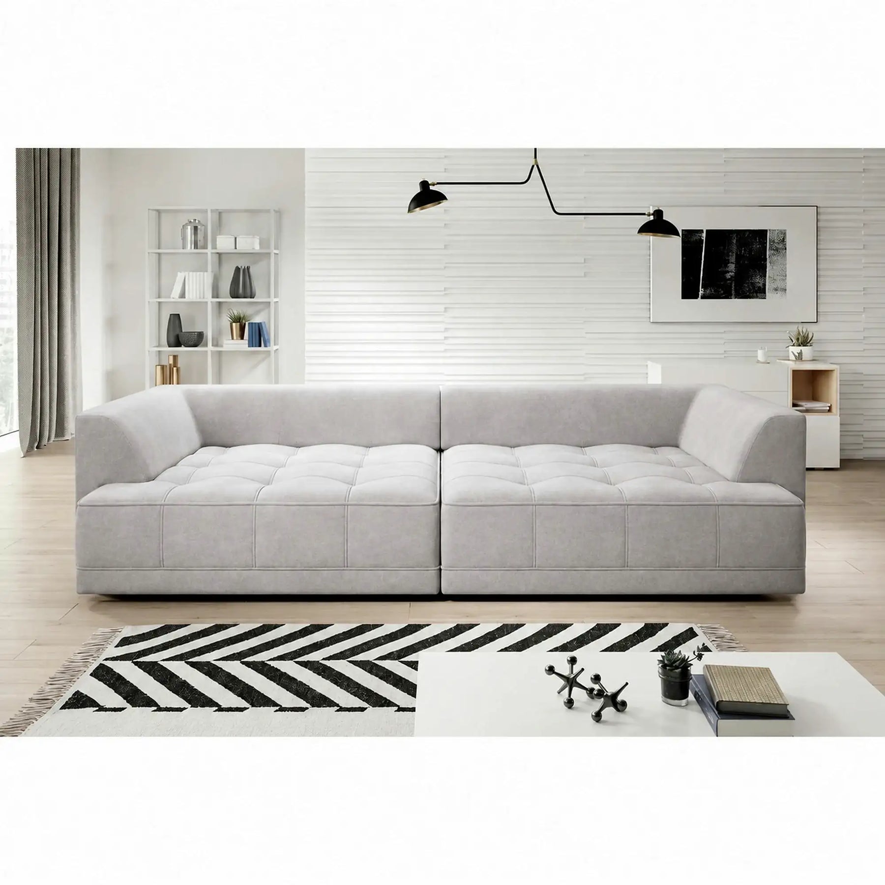 Canapea moderna pentru living TIGA, stofa catifelata crem - Whisper 01, reglaj electric, 302x136x72/88 cm