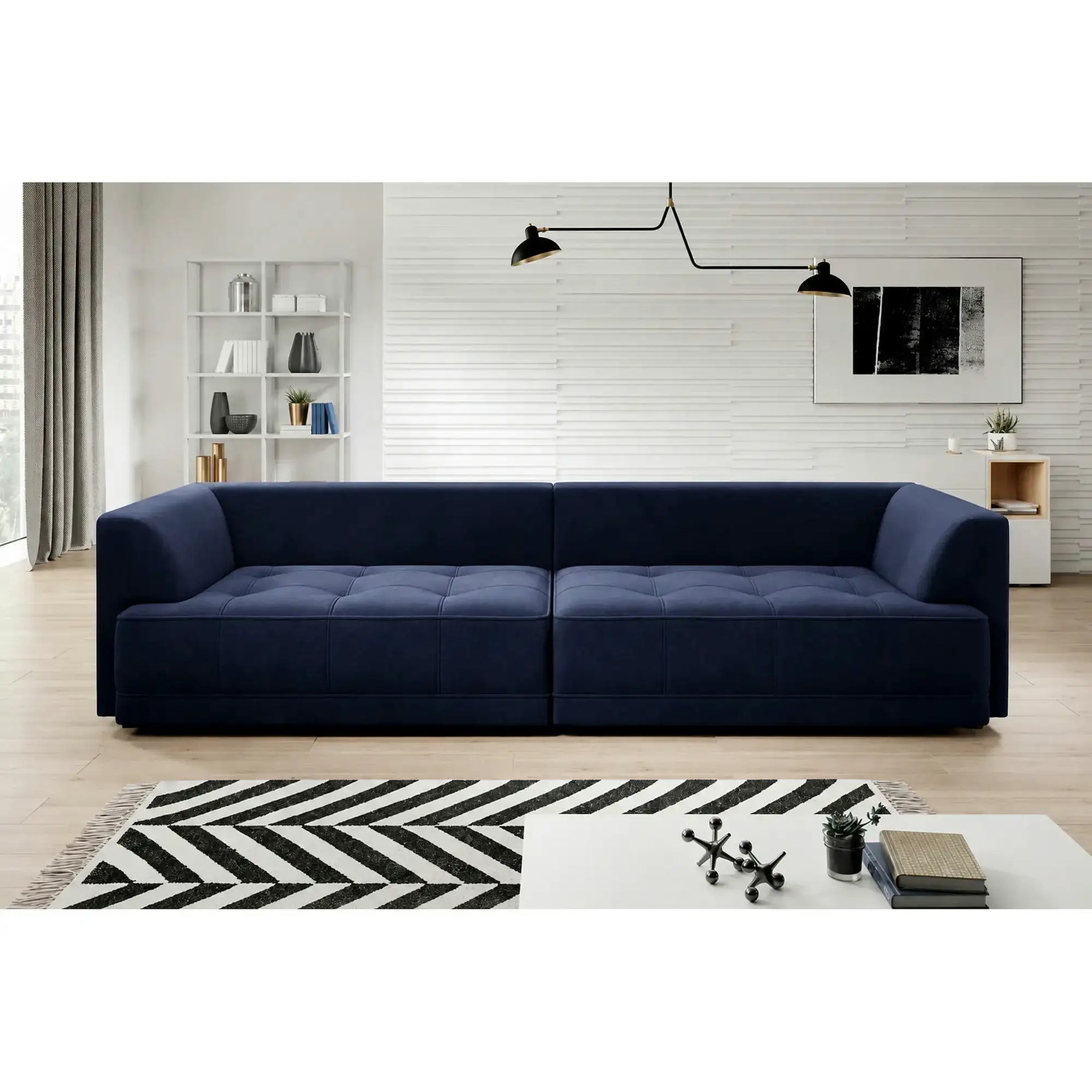 Canapea TIGA, stofă catifelata, albastru închis - Riviera 81, 302×136×72/88 cm
