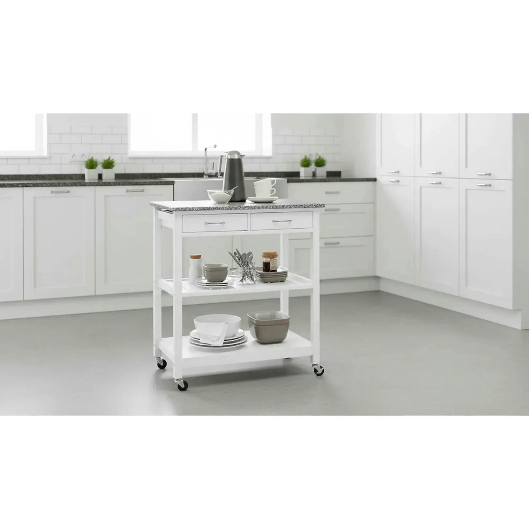 Carucior servire BABETTE, MDF/piatră, alb/gri, 78×48×87 cm