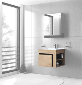 Dulap baie suspendat DUESA, stejar auriu/negru, PAL laminat, cu un sertar, pentru lavoar, 60x45x47 cm