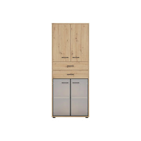 Vitrina SPACE OFFICE, stejar artisan/negru fumuriu, PAL laminat/sticla, cu 4 usi si 2 sertare, 80x38x203 cm