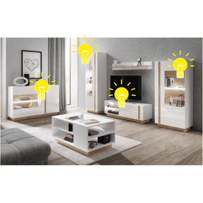 Comoda CITY, stejar grandson/alb lucios, PAL laminat/sticlă, cu iluminare LED, 138,2x90,5x40 cm