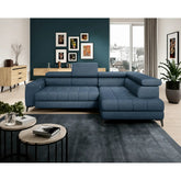 Coltar BAGGIO, sezlong dreapta, stofa catifelata albastru - Whisper 12, cu reglaj electric, incarcator wireless, lada depozitare si tetiere reglabile, 280x196x100 cm