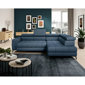 Coltar BAGGIO, sezlong dreapta, stofa catifelata albastru - Whisper 12, cu reglaj electric, incarcator wireless, lada depozitare si tetiere reglabile, 280x196x100 cm