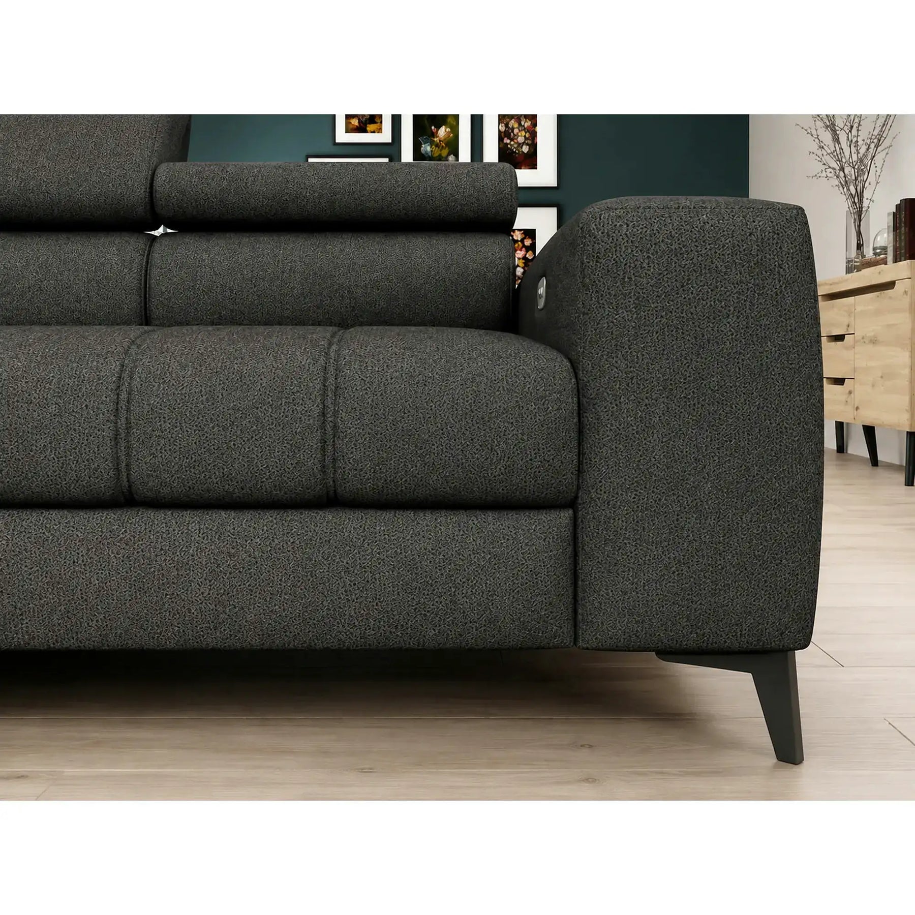 Coltar BAGGIO, stofă clasică/lemn masiv/pal, gri închis - Austin 20, 280×196×100 cm