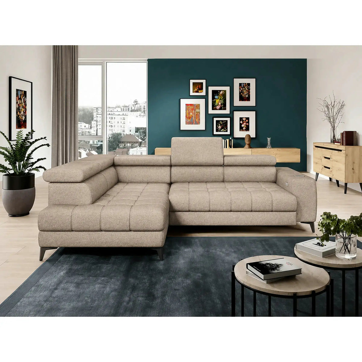 Coltar BAGGIO, sezlong stanga, stofa buclata grej - Aphrodite 04, cu reglaj electric, incarcator wireless, lada depozitare si tetiere reglabile, 280x196x100 cm