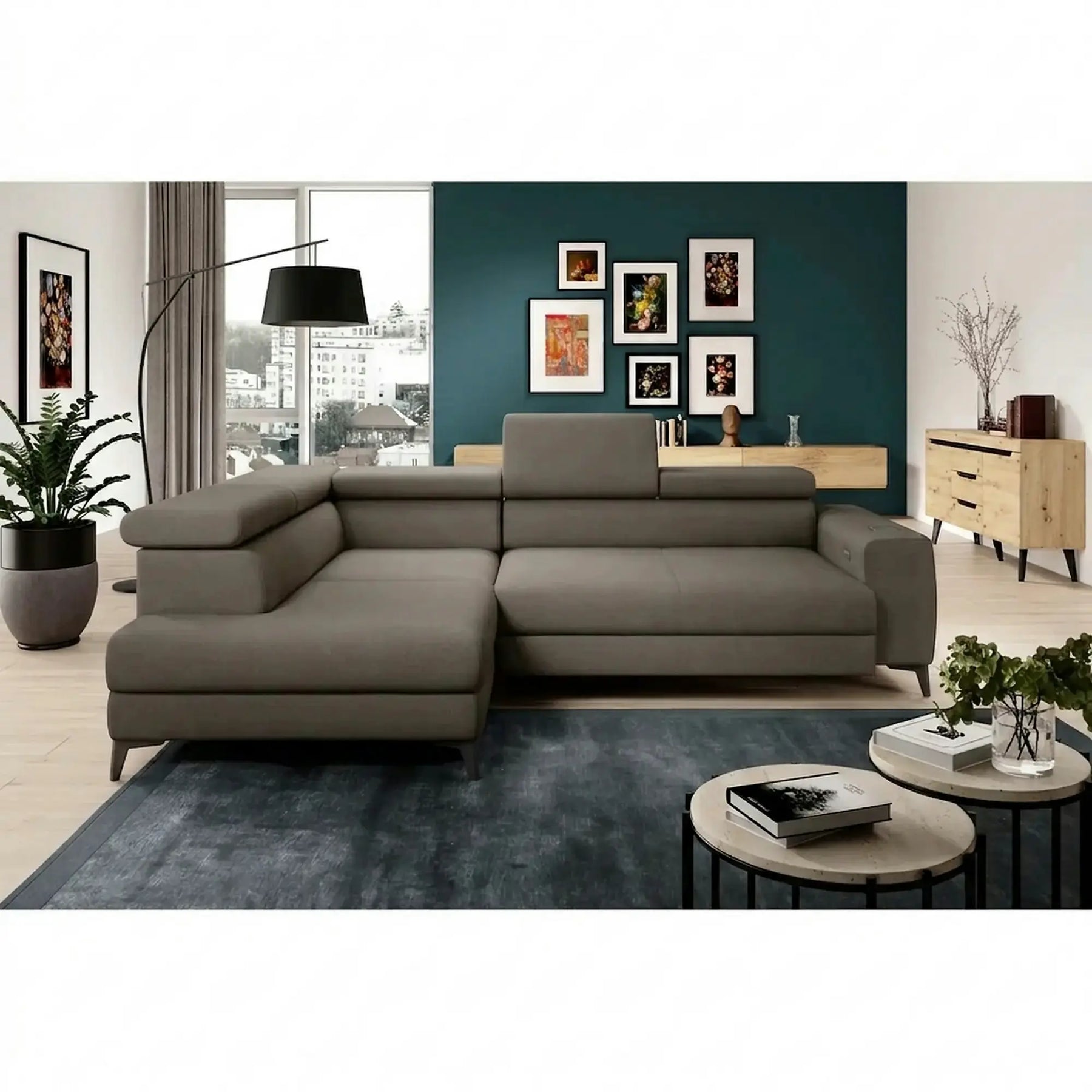 Coltar BAGGIO, sezlong stanga, stofa catifelata cappuccino - Poso 03, cu reglaj electric, incarcator wireless, lada depozitare si tetiere reglabile, 280x196x100 cm