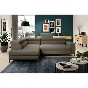 Coltar BAGGIO, sezlong stanga, stofa catifelata cappuccino - Poso 03, cu reglaj electric, incarcator wireless, lada depozitare si tetiere reglabile, 280x196x100 cm
