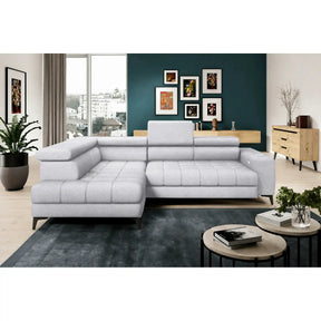 Coltar BAGGIO, sezlong stanga, stofa catifelata gri - Monolith 84, cu reglaj electric,lada depozitare, incarcator wireless si tetiere reglabile, 280x196x100 cm