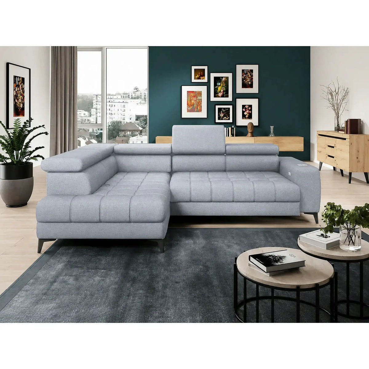 Coltar BAGGIO, sezlong stanga, stofa catifelata gri - Monolith 85, cu reglaj electric, incarcator wireless, lada depozitare si tetiere reglabile, 280x196x100 cm