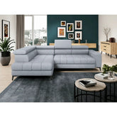Coltar BAGGIO, sezlong stanga, stofa catifelata gri - Monolith 85, cu reglaj electric, incarcator wireless, lada depozitare si tetiere reglabile, 280x196x100 cm