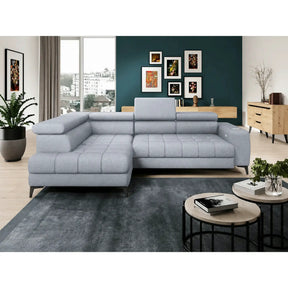 Coltar BAGGIO, sezlong stanga, stofa catifelata gri - Monolith 85, cu reglaj electric, incarcator wireless, lada depozitare si tetiere reglabile, 280x196x100 cm
