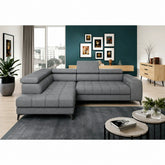Coltar BAGGIO, sezlong stanga, stofa catifelata gri - Monolith 92, cu reglaj electric, lada depozitare, incarcator wireless si tetiere reglabile, 280x196x100 cm