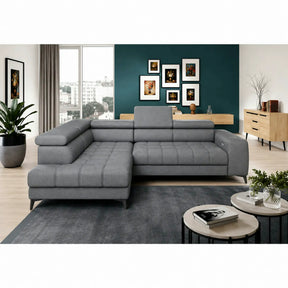 Coltar BAGGIO, sezlong stanga, stofa catifelata gri - Monolith 92, cu reglaj electric, lada depozitare, incarcator wireless si tetiere reglabile, 280x196x100 cm
