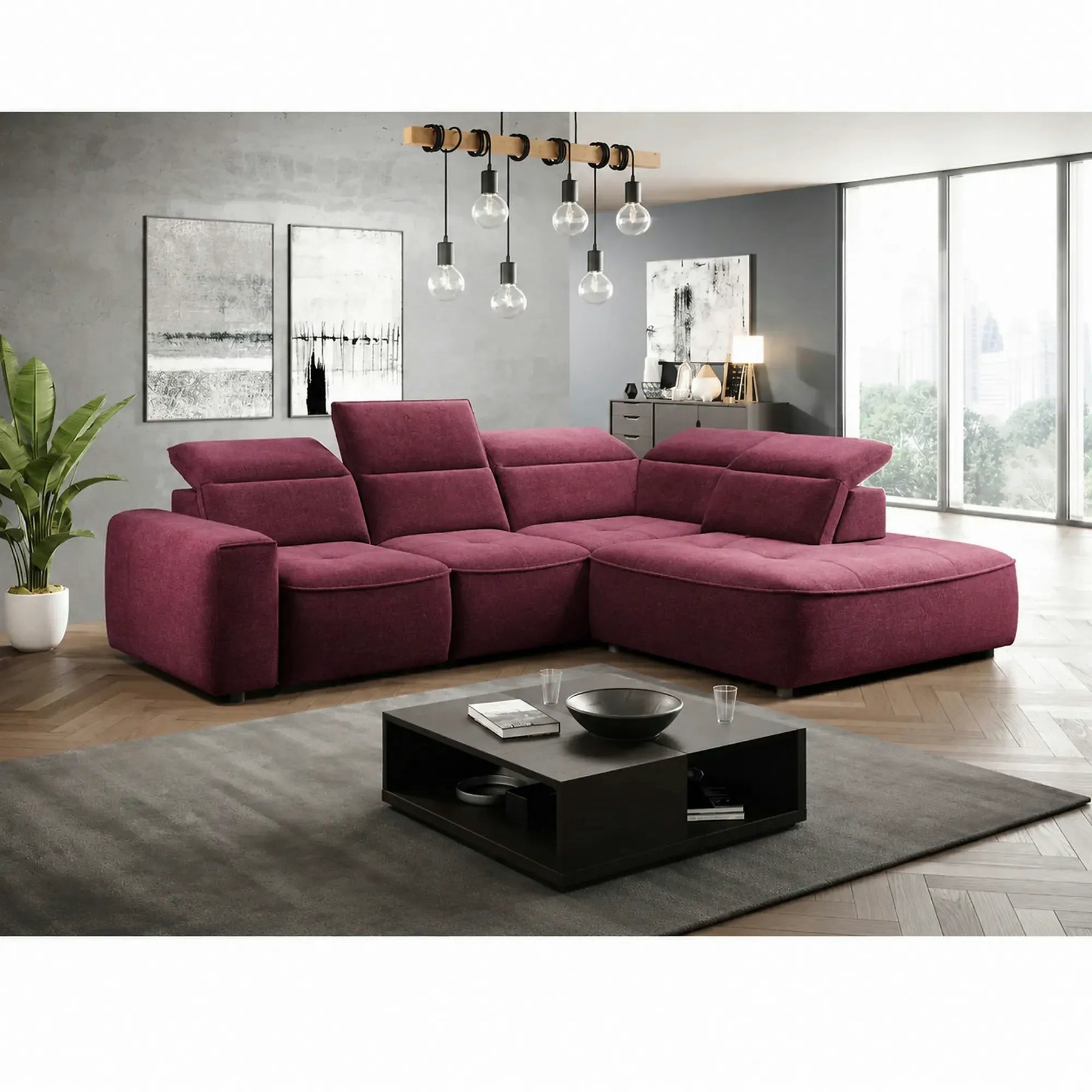 Coltar COLOMBO L, sezlong dreapta, stofa catifelata rosu bordo - Crown 06, cu reglaj electric, tetiere reglabile si lada depozitare, 296x227x103 cm