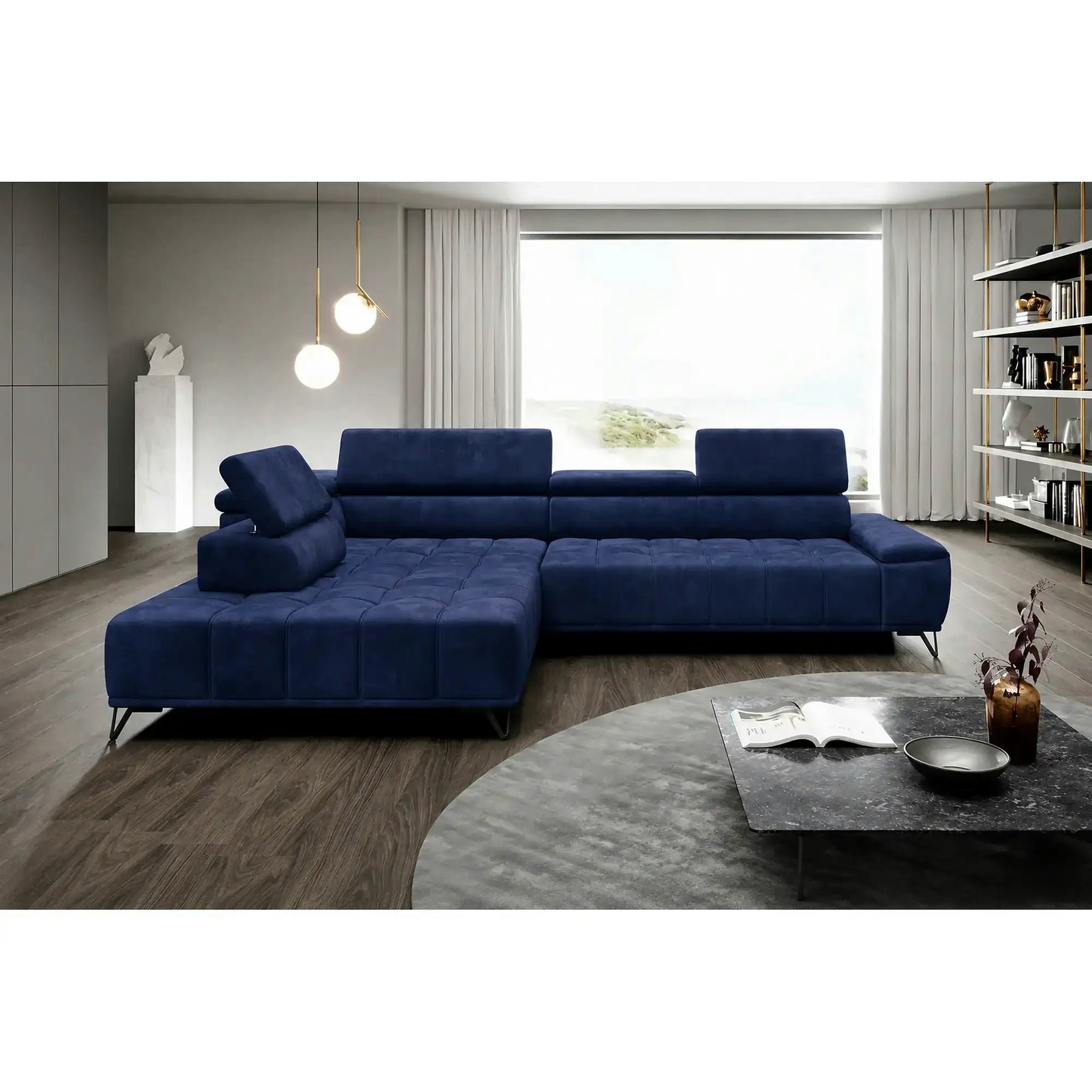 Coltar cu sezlong PALLADIO L, sezlong stanga, stofa catifelata albastru inchis - Riviera 81, cu reglaj electric si tetiere reglabile, 320x220x99 cm