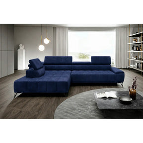 Coltar cu sezlong PALLADIO L, sezlong stanga, stofa catifelata albastru inchis - Riviera 81, cu reglaj electric si tetiere reglabile, 320x220x99 cm