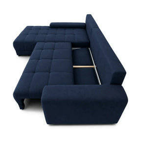 Coltar de living extensibil ADRIA, universal, stofa catifelata albastru - Monolith 77, cu lada depozitare, 308x213x90 cm