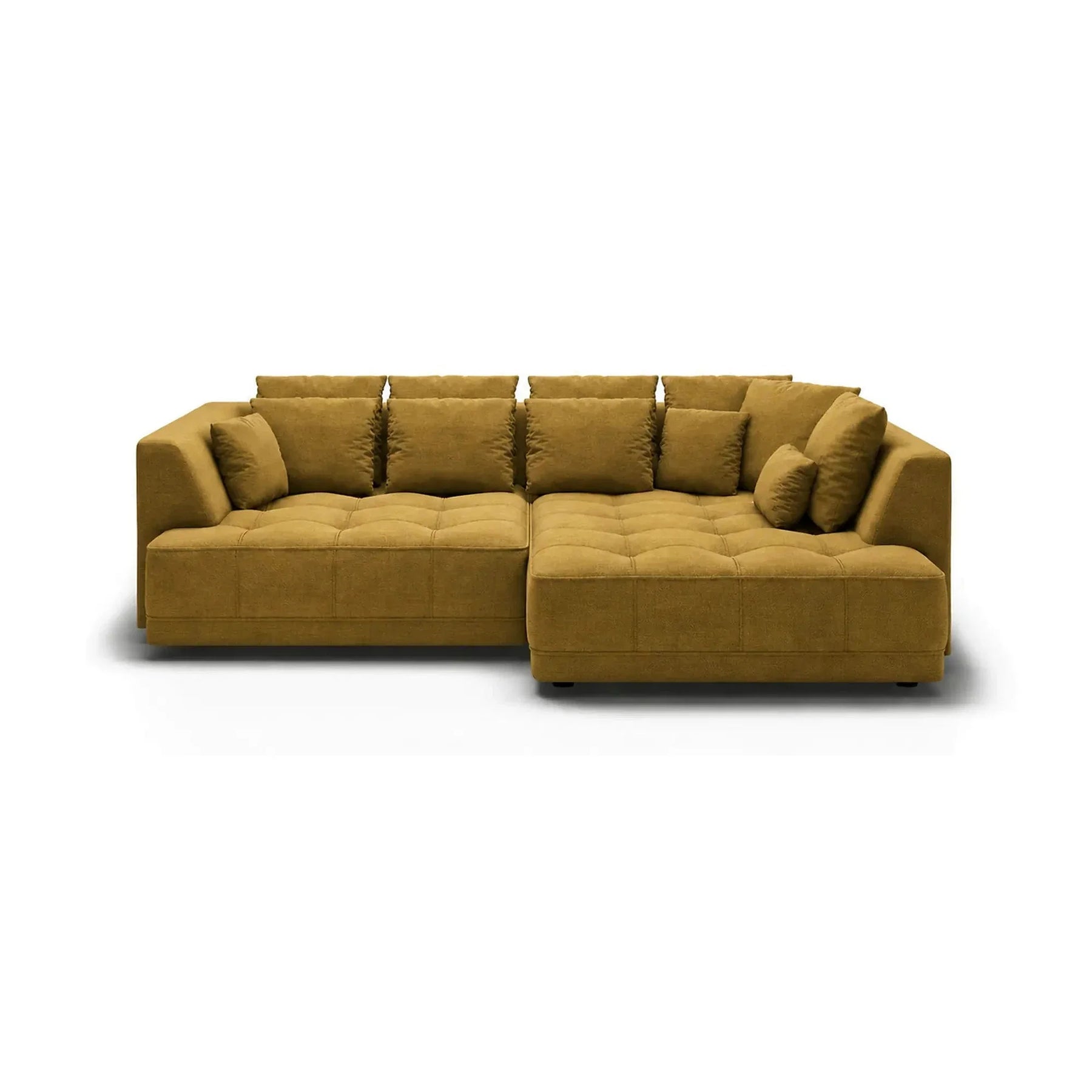 Coltar de living TIGA, stofă clasică/lemn, galben mustar - Austin 11, 286×207×77 cm