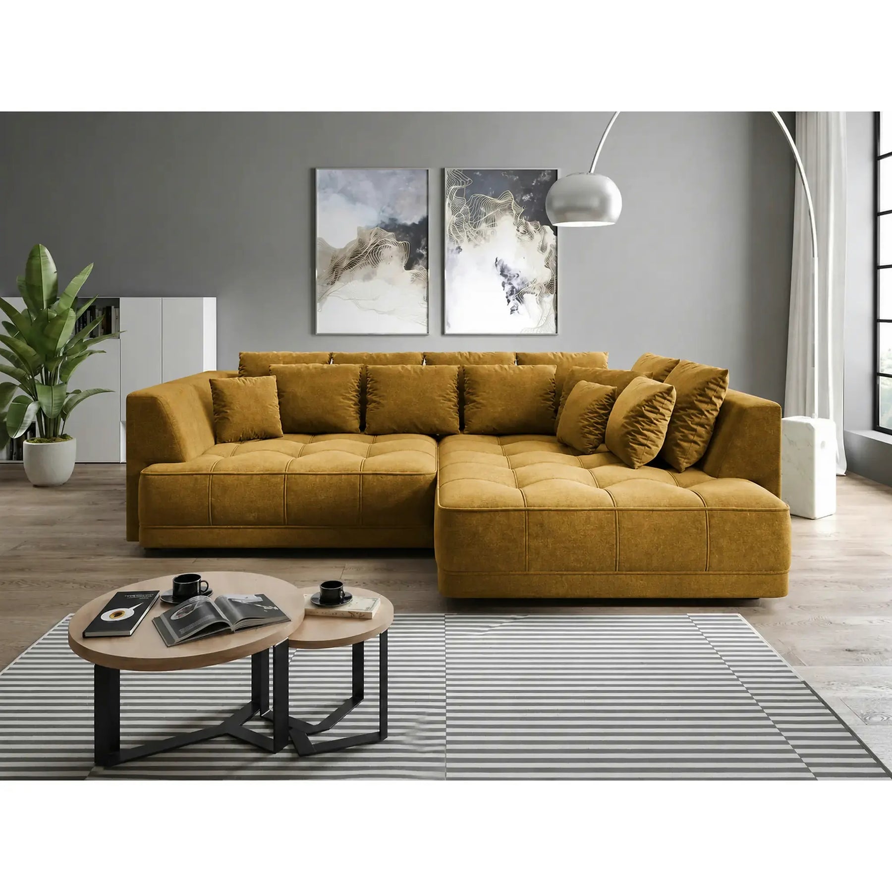 Coltar de living TIGA, stofă clasică/lemn, galben mustar - Austin 11, 286×207×77 cm