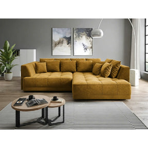 Coltar de living TIGA, stofă clasică/lemn, galben mustar - Austin 11, 286×207×77 cm