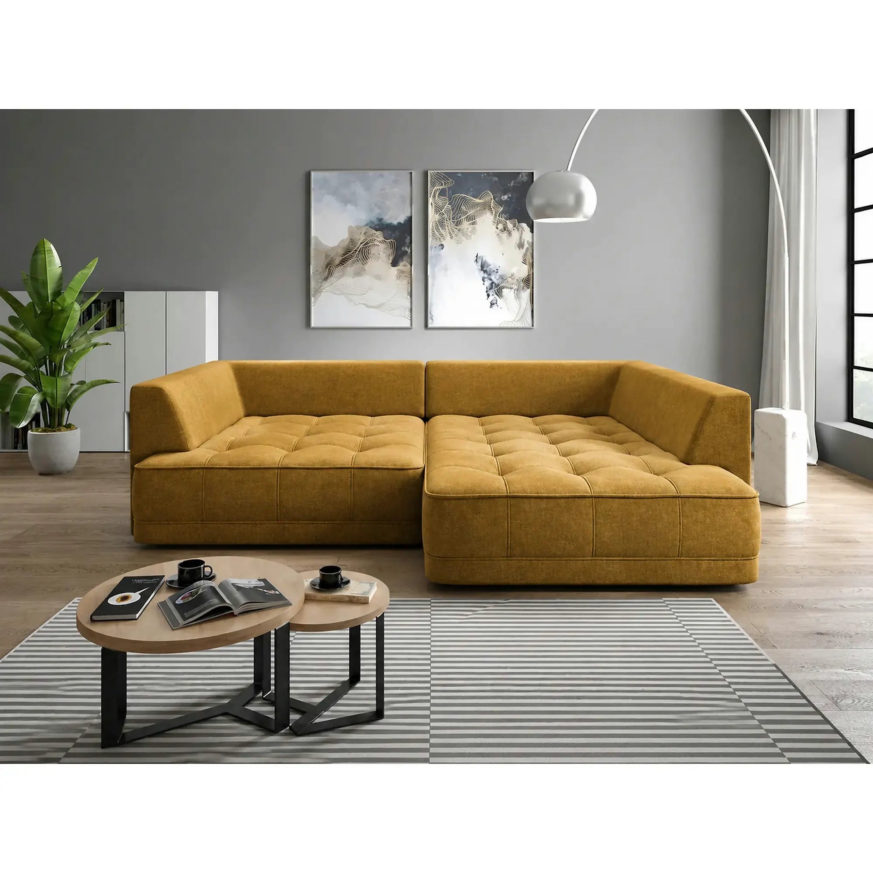 Coltar de living TIGA, stofă clasică/lemn, galben mustar - Austin 11, 286×207×77 cm
