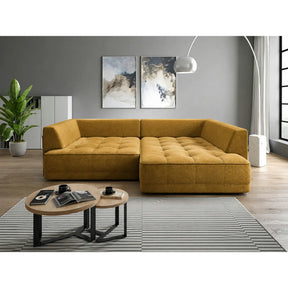Coltar de living TIGA, stofă clasică/lemn, galben mustar - Austin 11, 286×207×77 cm