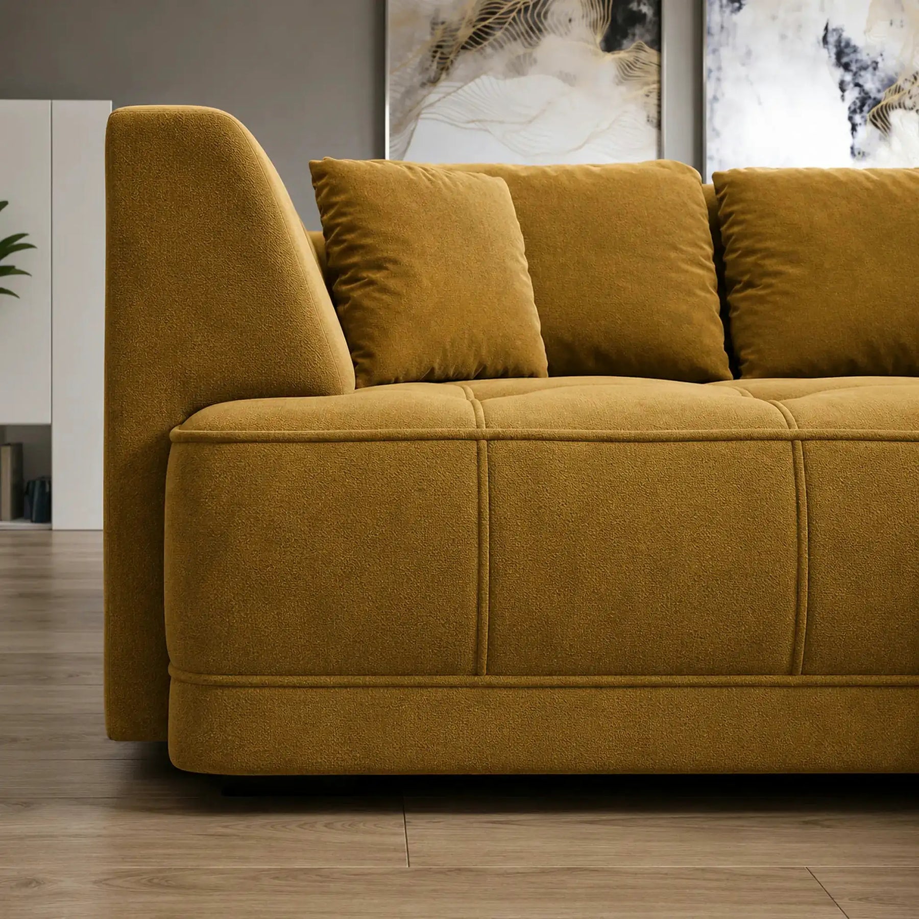 Coltar de living TIGA, stofă clasică/lemn, galben mustar - Austin 11, 286×207×77 cm