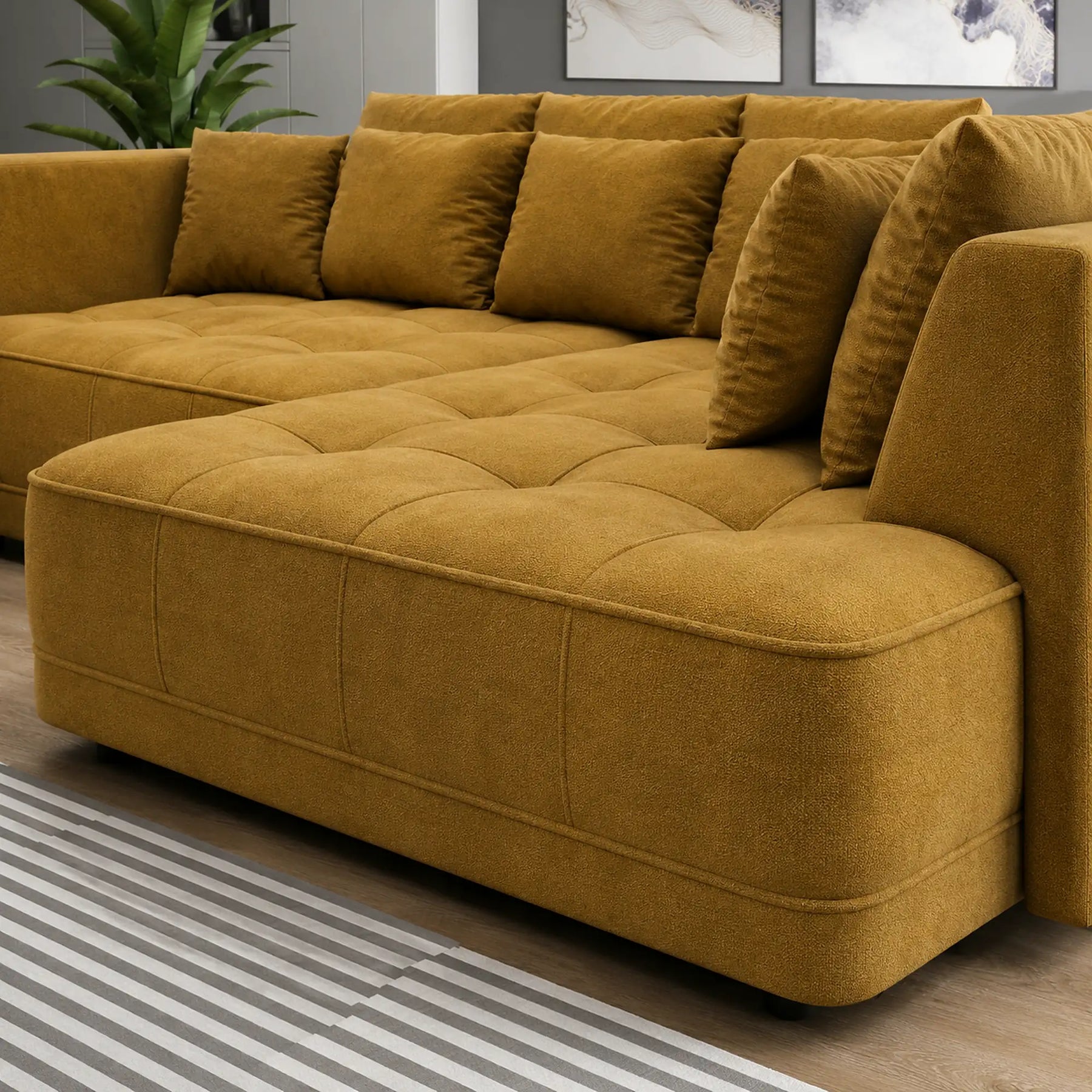 Coltar de living TIGA, stofă clasică/lemn, galben mustar - Austin 11, 286×207×77 cm