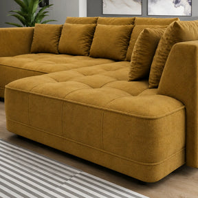 Coltar de living TIGA, stofă clasică/lemn, galben mustar - Austin 11, 286×207×77 cm