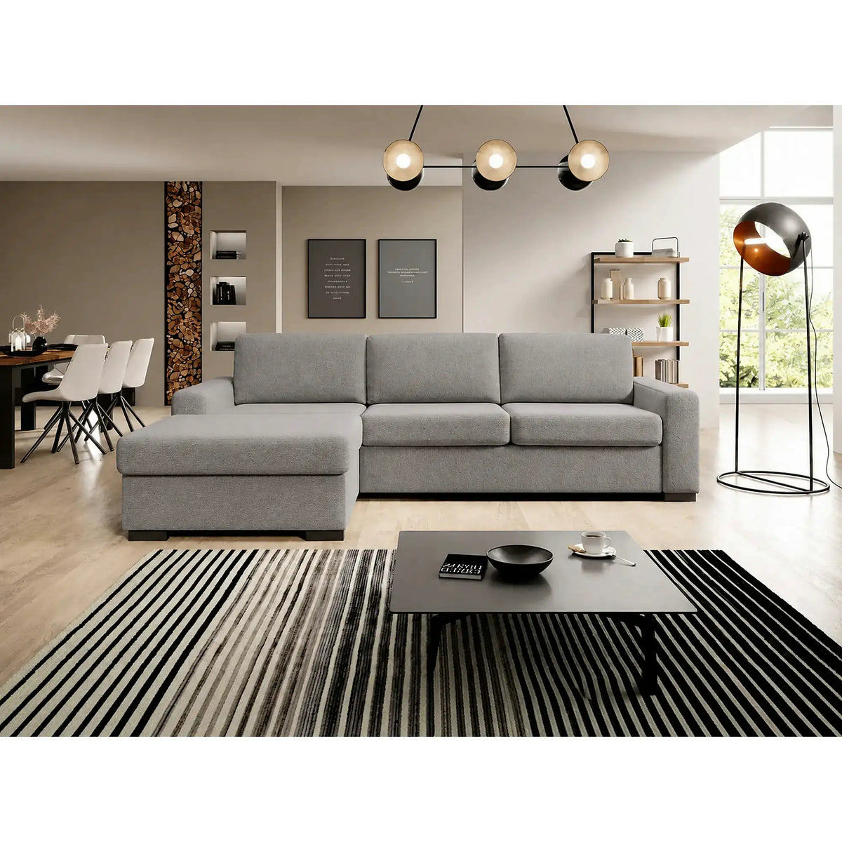 Coltar extensibil 160x200 VANILLA CORNER, sezlong stanga, stofa catifelata gri - Salvador 14, cu lada depozitare, 303x173x87 cm