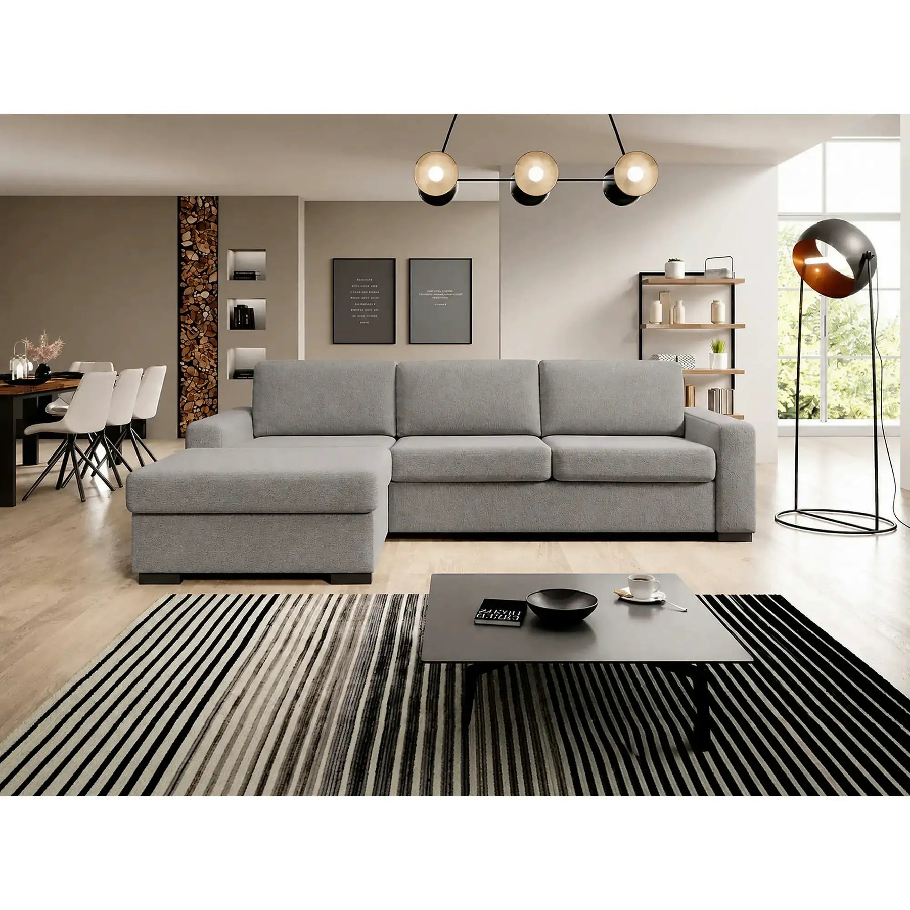 Coltar extensibil 160x200 VANILLA CORNER, sezlong stanga, stofa catifelata gri - Salvador 14, cu lada depozitare, 303x173x87 cm
