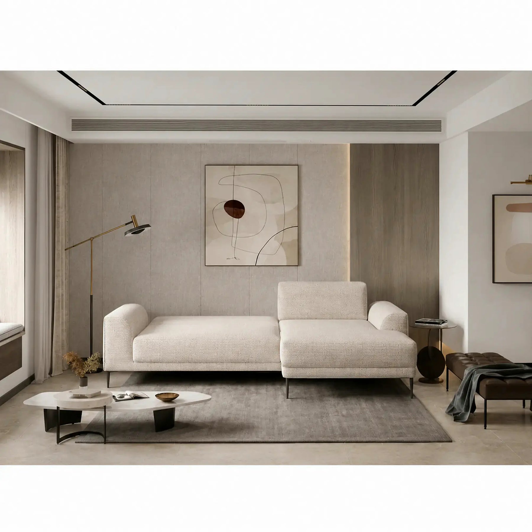 Coltar extensibil CAPITOL, stofă buclata/lemn, bej - Now or never 03, 276×175×89 cm